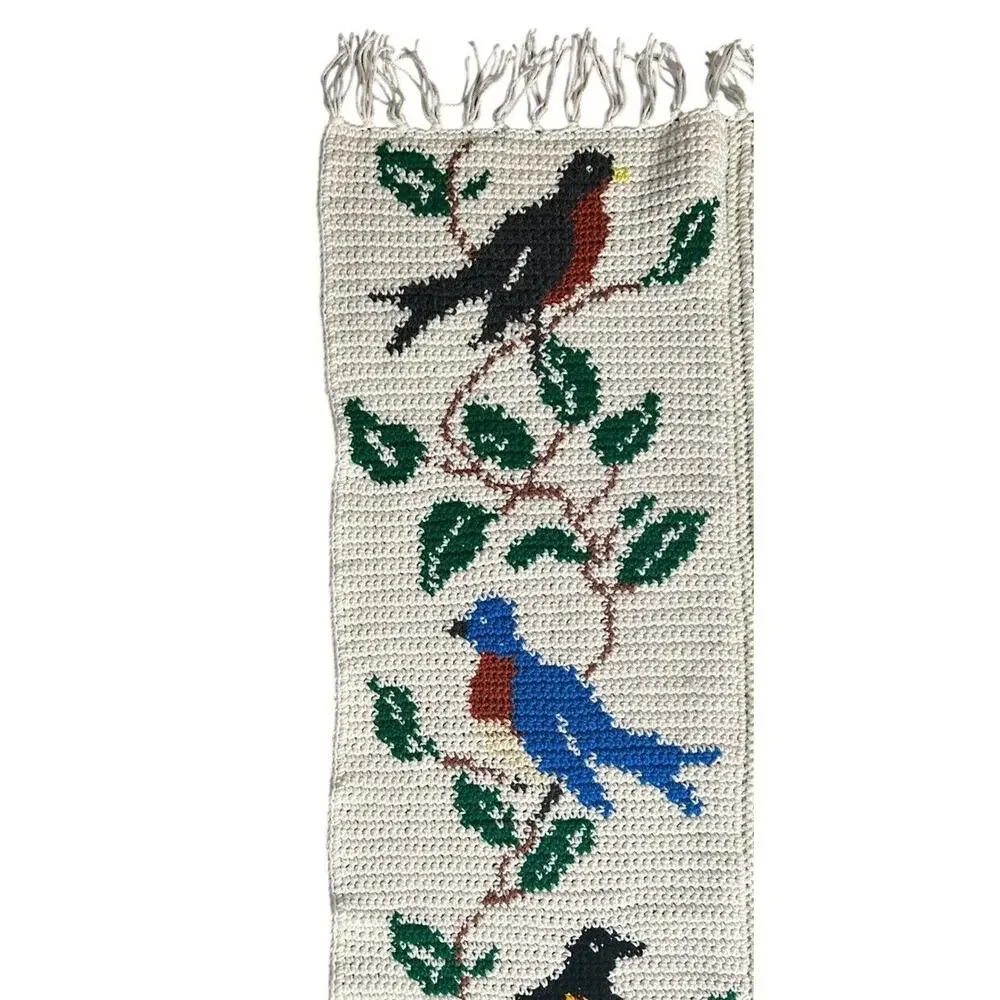 Handmade Colorful Birds White Crochet Knit Afghan Throw Blanket w/ Fringe‎ 48x60